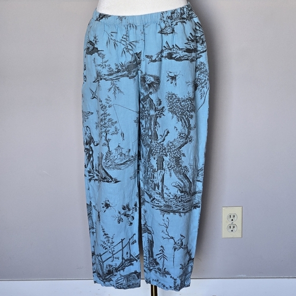 KLEEN 100% Linen Blue Toile Pattern Balloon Cropped Wide Leg Resortwear Pants - Picture 7 of 7